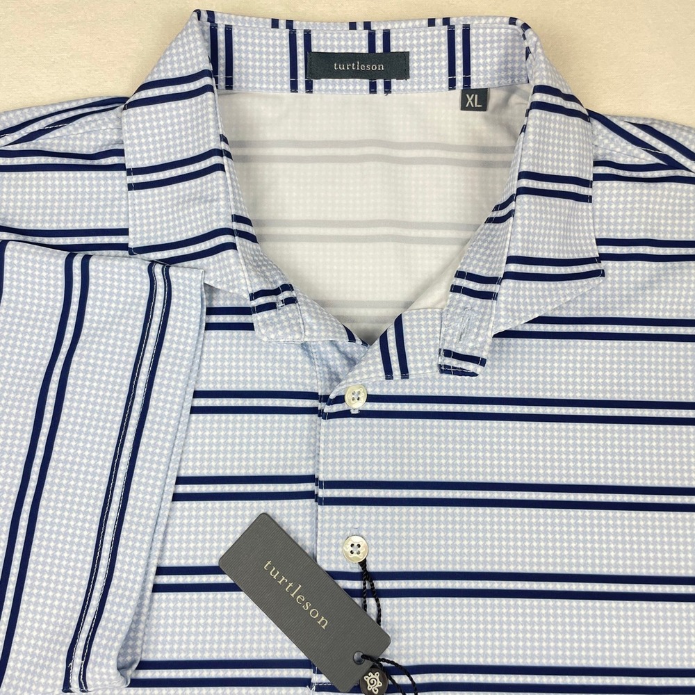 Turtleson Edison Houndstooth Stripe Performance Polo Shirt Sky Navy Mens XL NEW